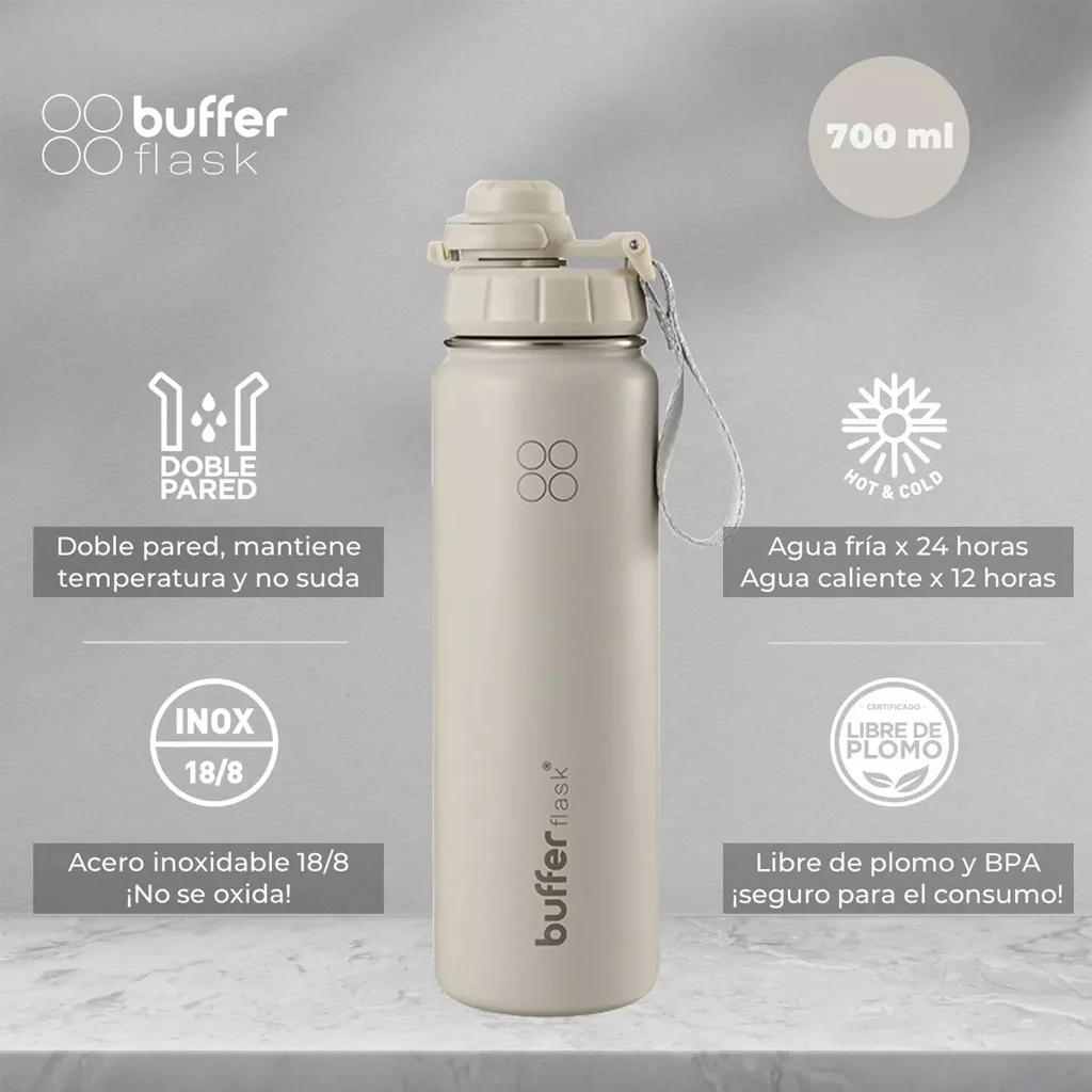 Botella Agua Térmica Buffer Morea 700ml + 4 Tapas Ivory - Image 2