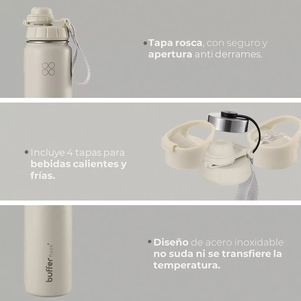 Botella Agua Térmica Buffer Morea 700ml + 4 Tapas Ivory - Image 3