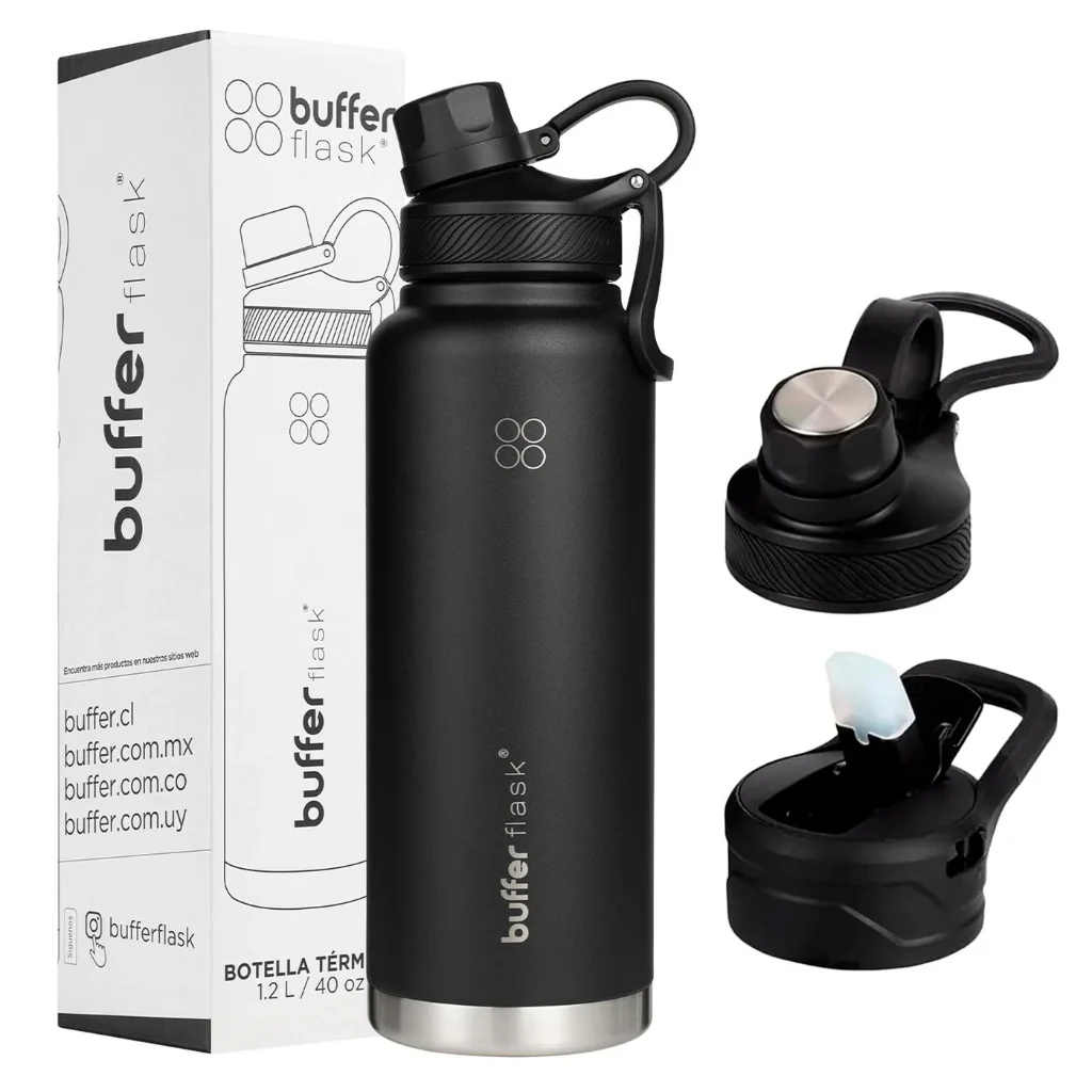 Botella Agua Térmica Buffer Paine 1,2Lt  + 2 Tapas Negra
