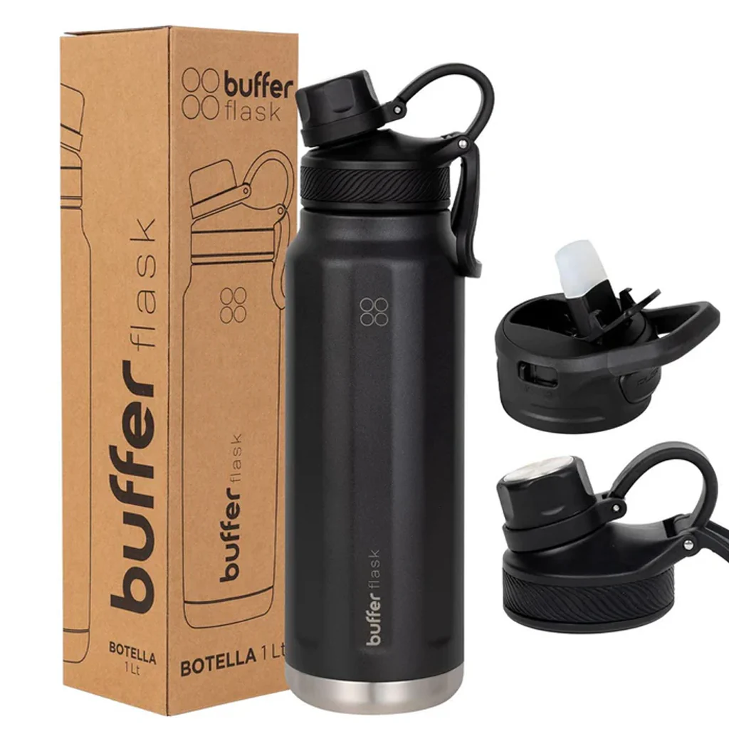 Botella Agua Térmica Buffer Paine 950ml + 2 Tapas Negra