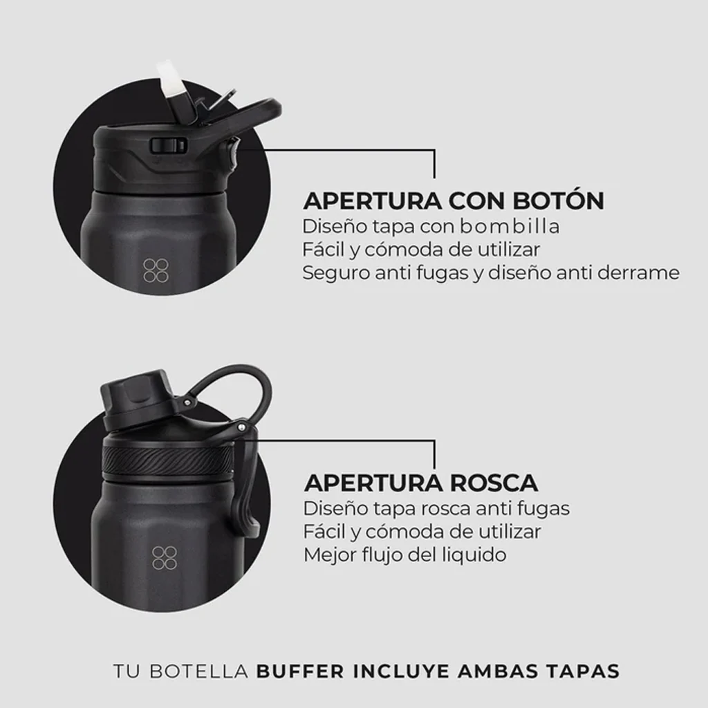 Botella Agua Térmica Buffer Paine 950ml + 2 Tapas Negra - Image 3