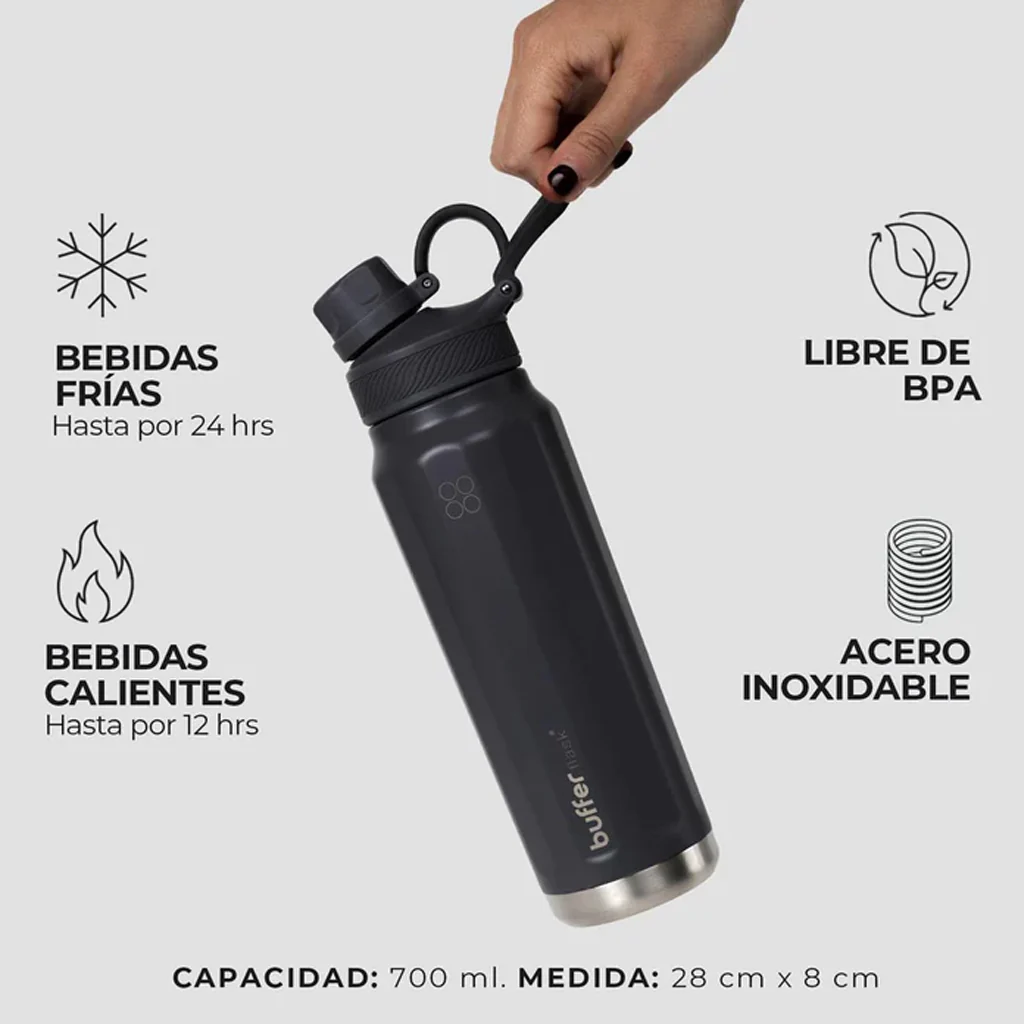 Botella Agua Térmica Buffer Paine 700ml  + 2 Tapas Negra - Image 2