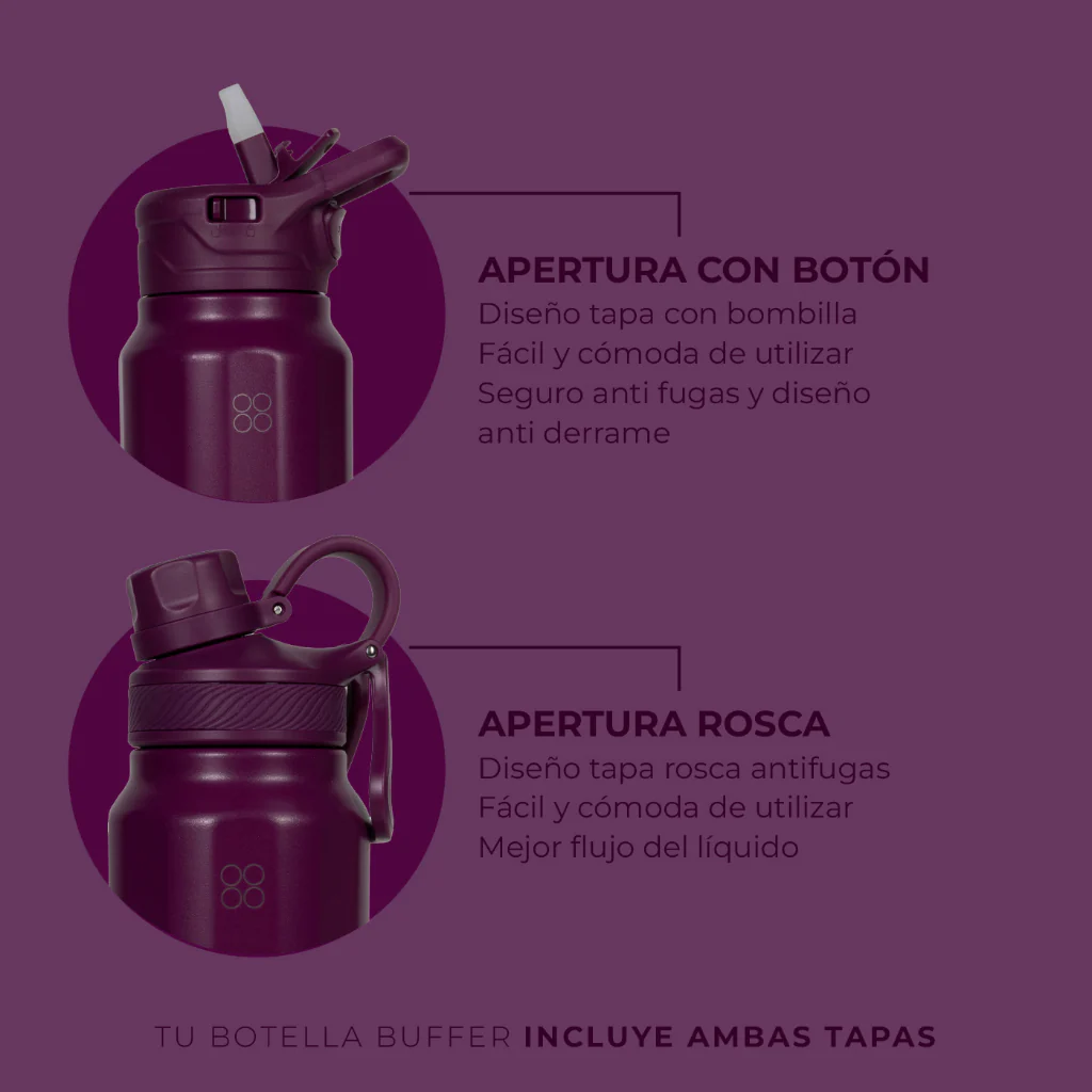 Botella Termica Agua Acero Inoxidable Buffer Paine 1L +tapas Plum - Image 2