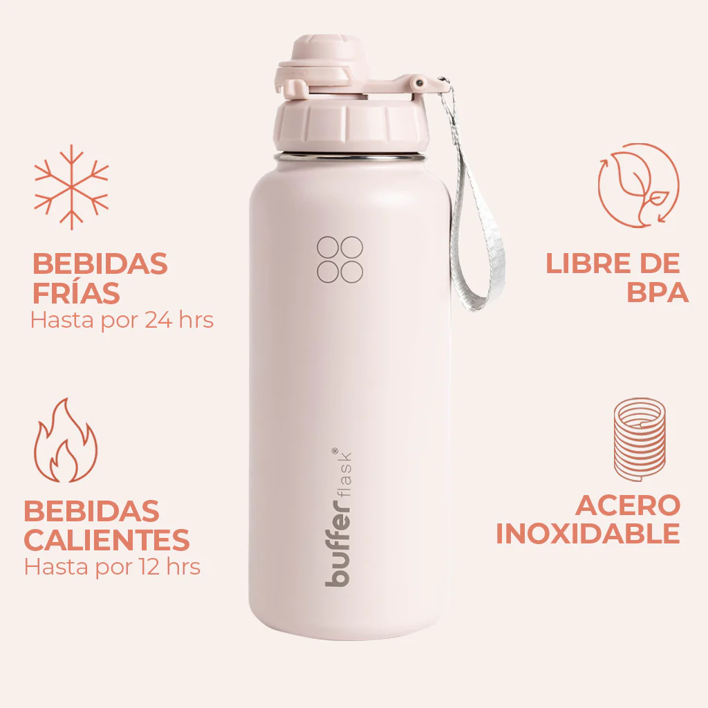 Botella Térmica Buffer Acero Inoxidable 950ml +4 Tapas Rosa Pastel - Image 2