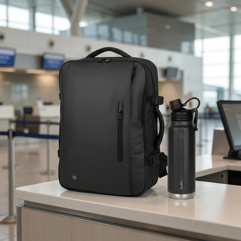 Combo 1 Mochila Viaje XL 40L Llaima Negro + 1 Botella Térmica Buffer Paine 1Lt