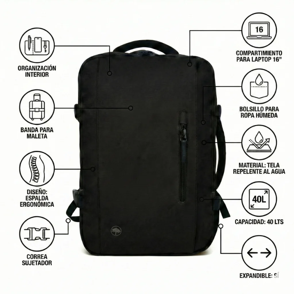 Combo 1 Mochila Viaje XL 40L Llaima Negro + 1 Botella Térmica Buffer Paine 1Lt - Image 9