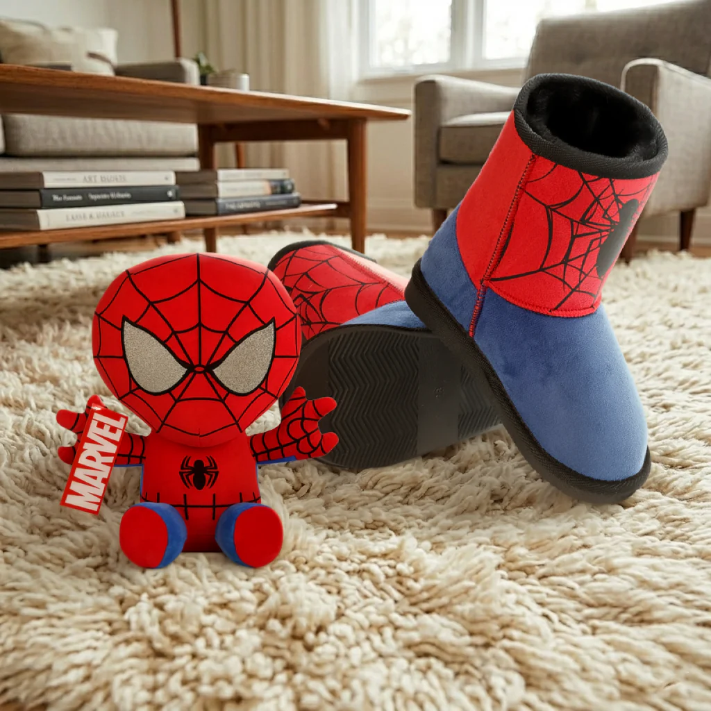Combo 1 Peluche Spiderman 30 cm + 1 Pantuflas Niño Spider-Man Rojas