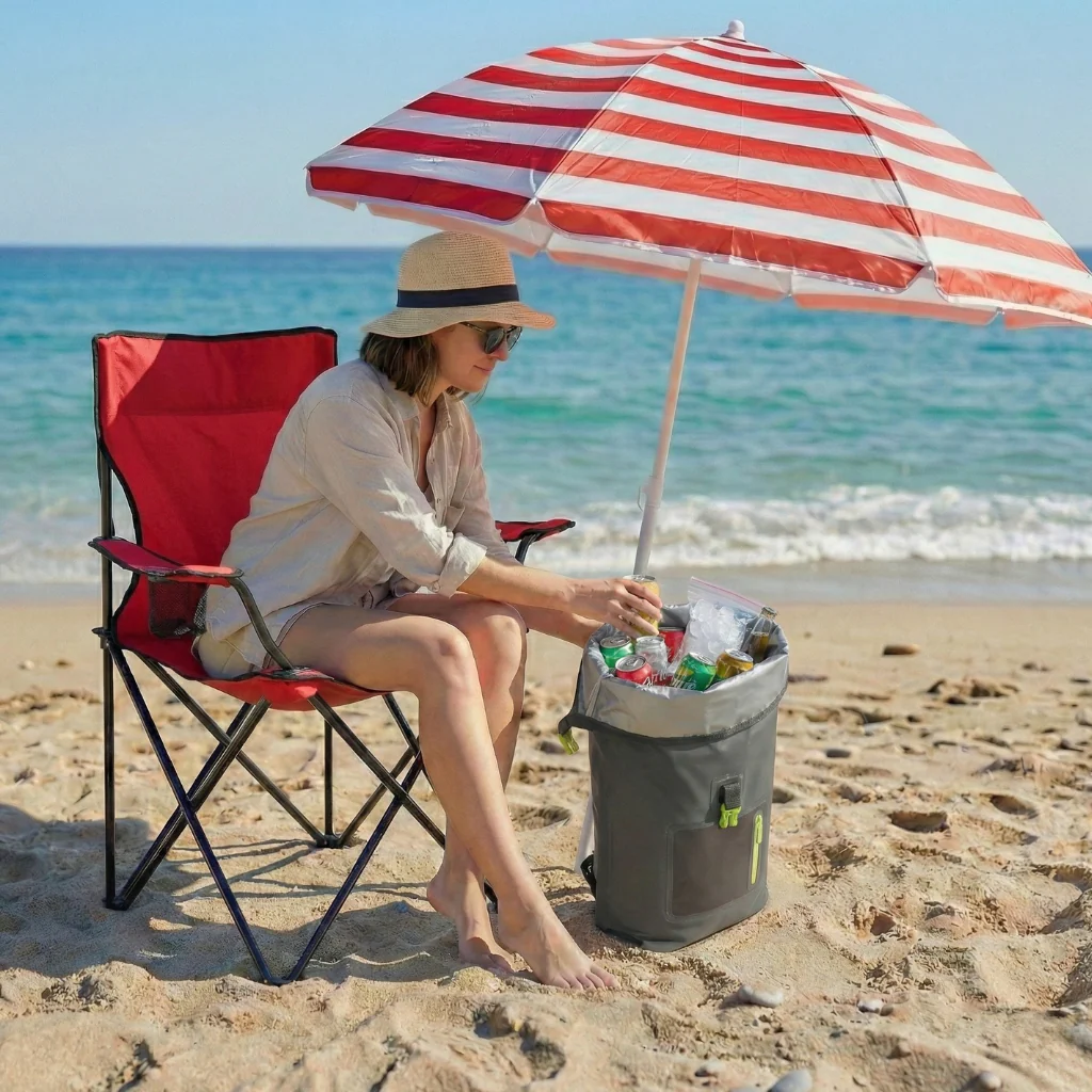 Combo Quitasol Llaima Rojo + 1 Silla Plegable Apoyabrazos Rojo Navigator + 1 Mochila Cooler 15Lt Gris