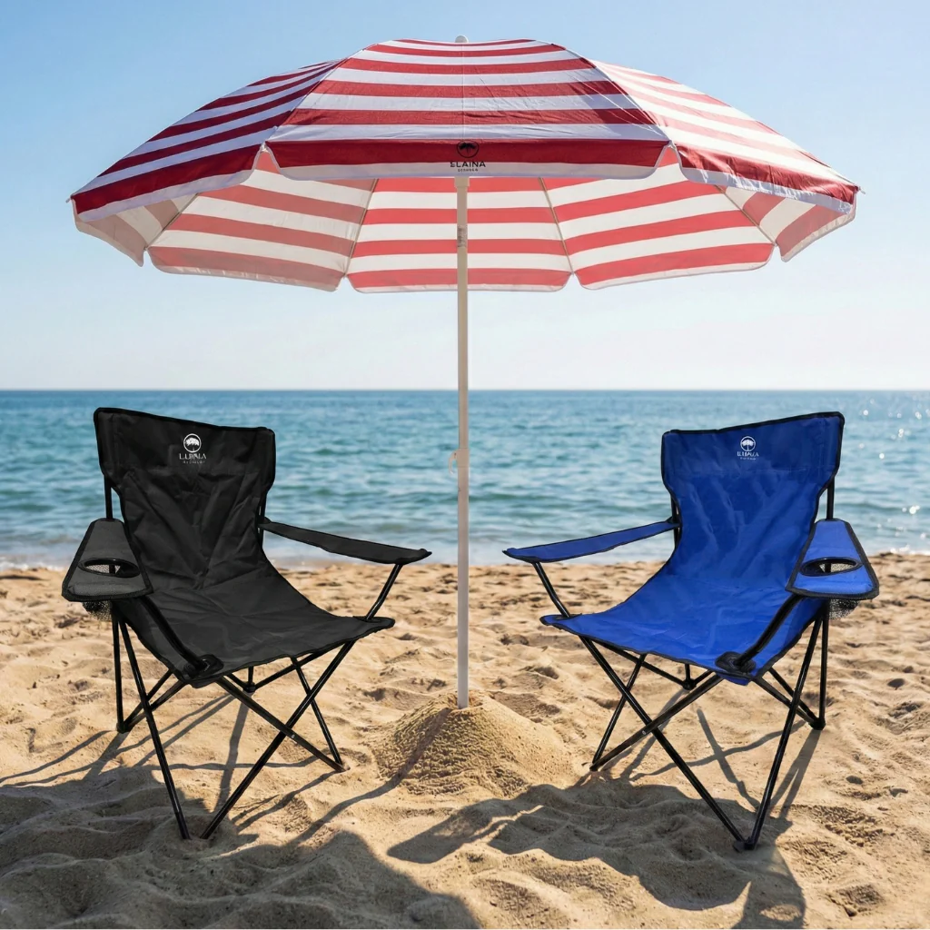 Combo Quitasol Rojo + 2 Sillas Camping Outdoor Plegables color Azul y Negro Llaima
