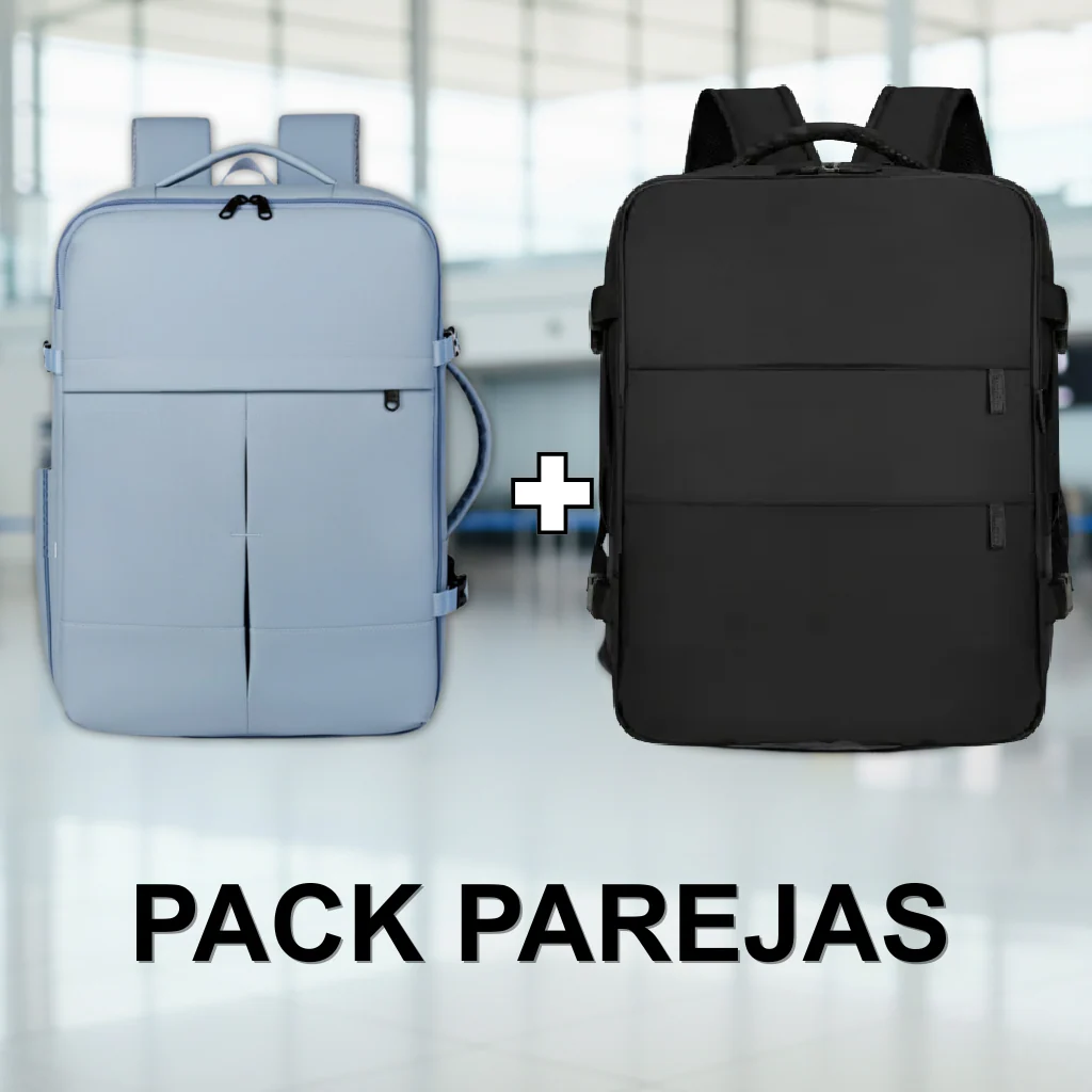 Combo 2 Mochilas de Viaje Viral XL. 1 Mochila Negra 40L y 1 Mochila 36L Ripstop Light Blue. Pack Travel