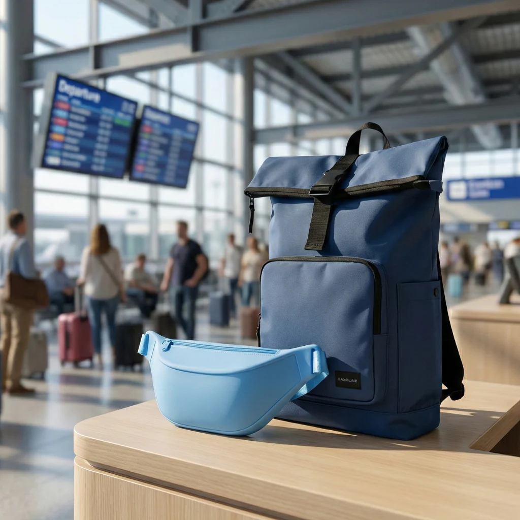 Combo Mochila Saxoline Preston Roll top 35L Blue  y banano celeste