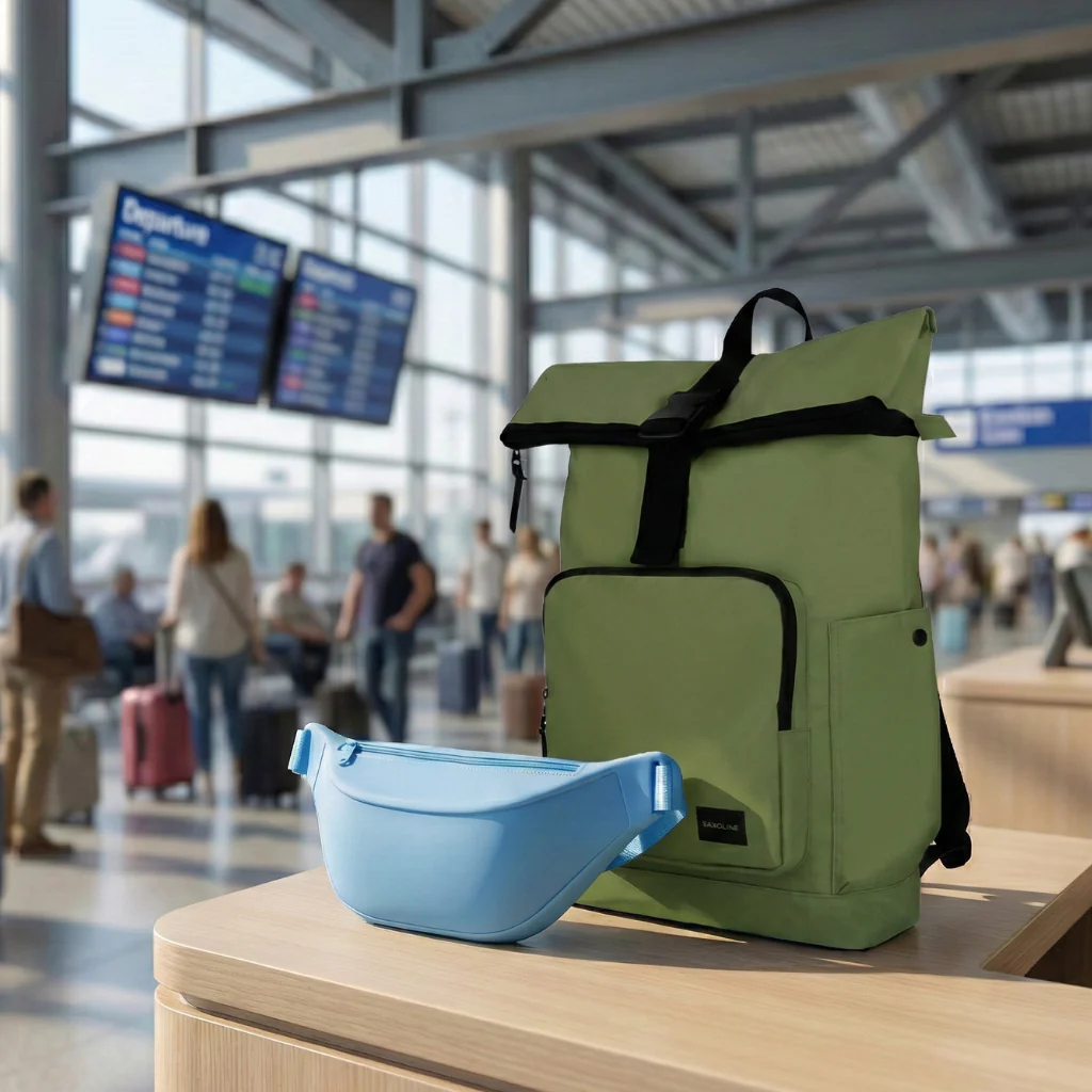 Combo Mochila Saxoline Preston Roll Top Olive Green 35 L  y banano celeste