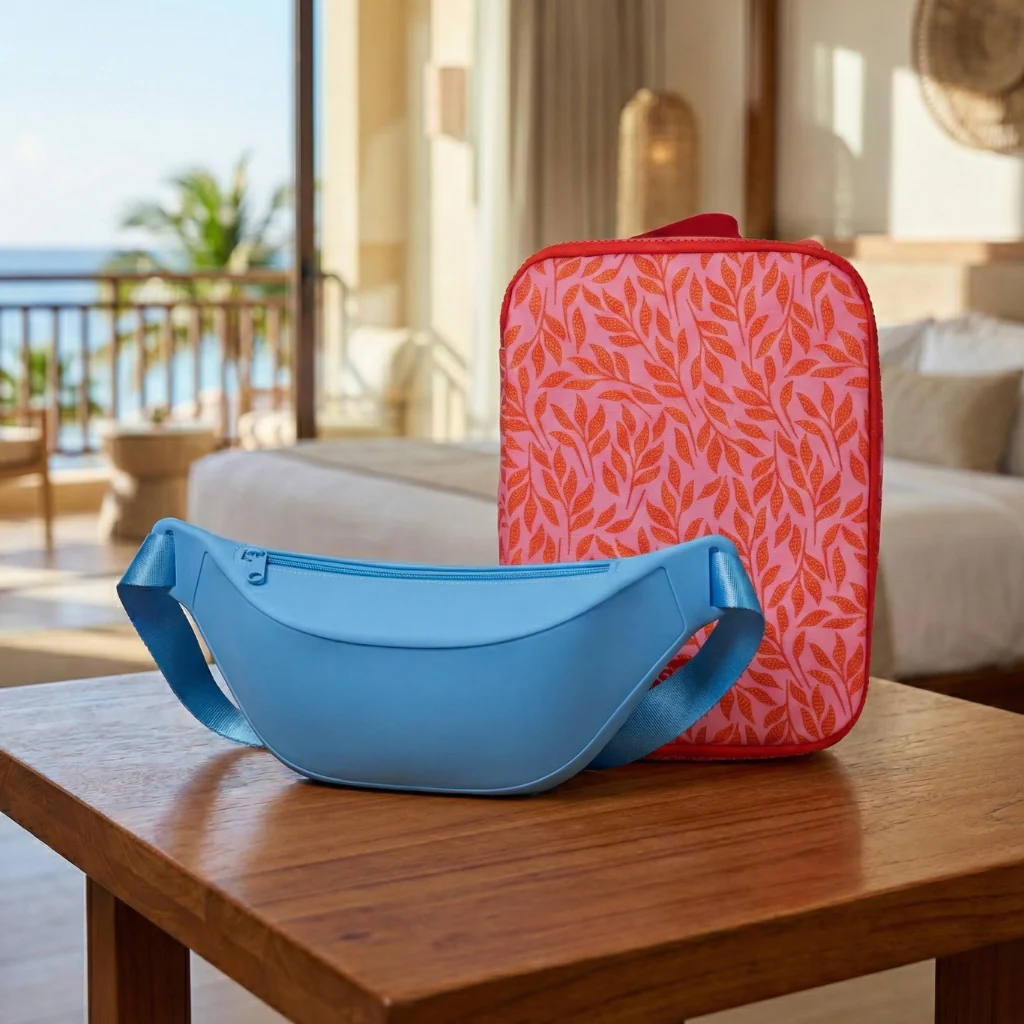 Combo Organizador de Viaje Cosmetiquero Coral y Banano Celeste