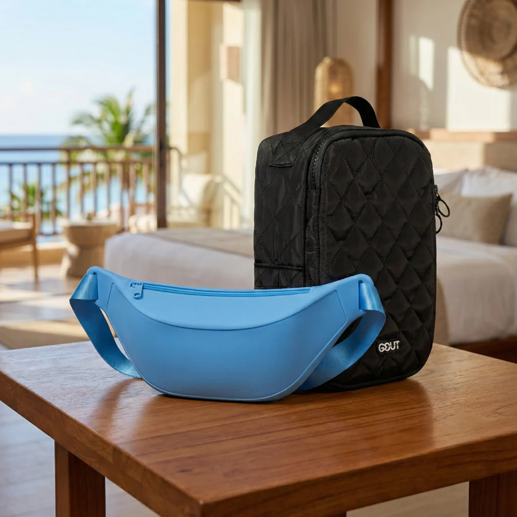 Combo Organizador de Viaje Cosmetiquero black y Banano Celeste