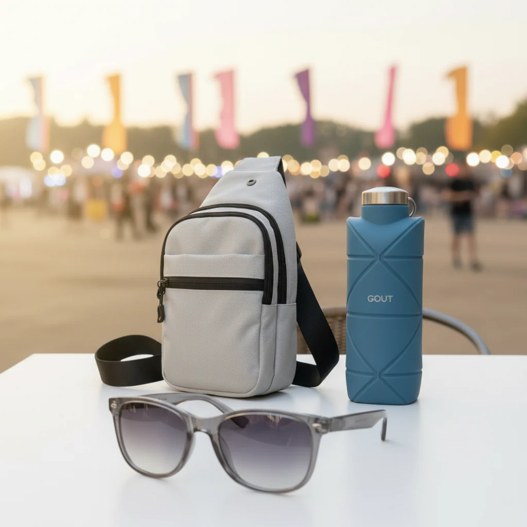 Combo Bandolera Gris + Lentes de sol Ulm + Botella Plegable Gout