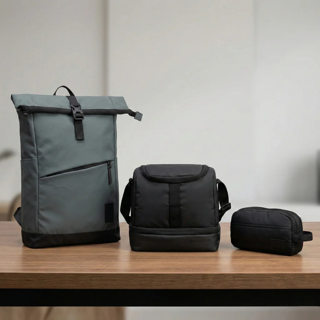 Combo 3x Estuche Ayla Negro + Mochila Cairo 30 Lts Gris + Lonchera Longboard Negro Saxoline