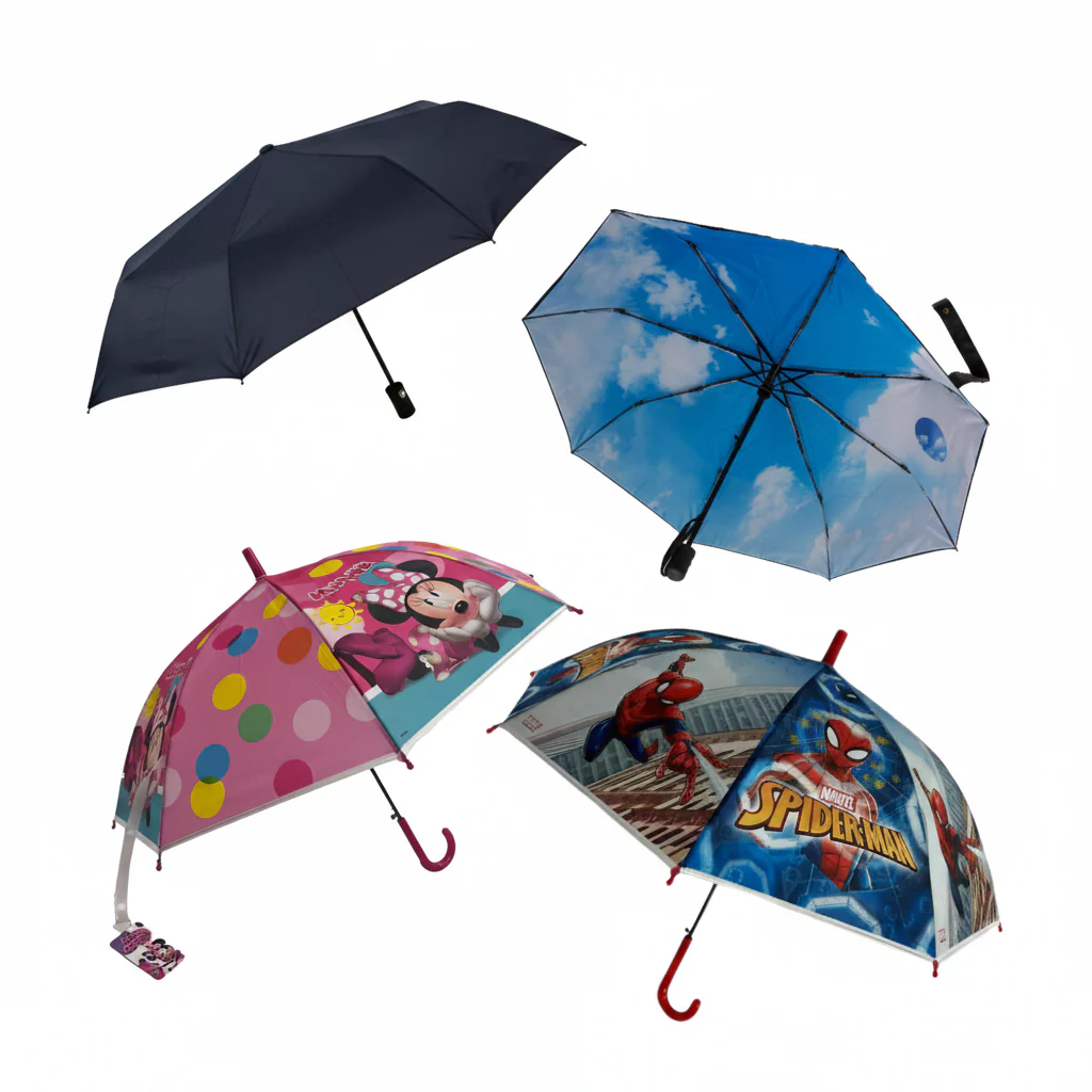 Combo Familiar 50% OFF. 4 Paraguas: 2 Adultos, 1 Minnie y 1 Spiderman
