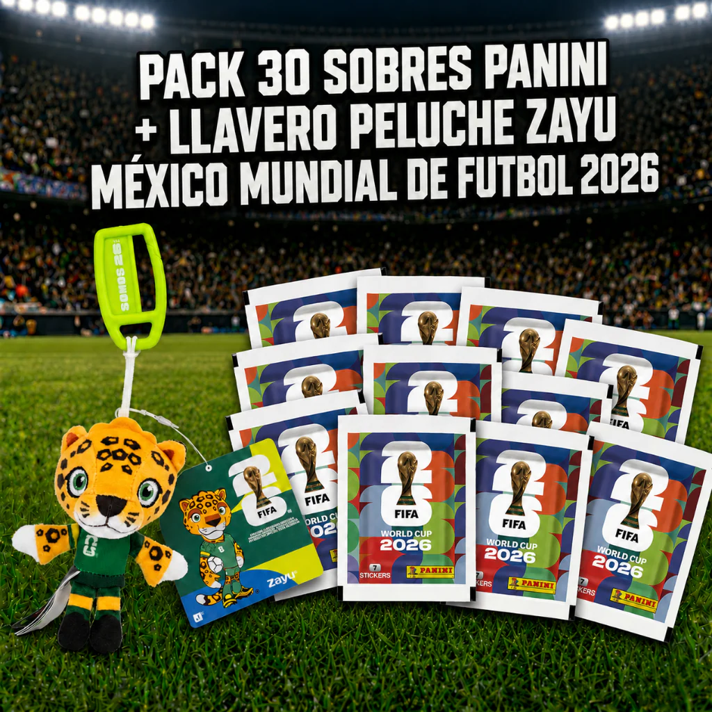 Pack 30 Sobres Panini + 1 Peluche Llavero Zayu México Mundial de Futbol 2026
