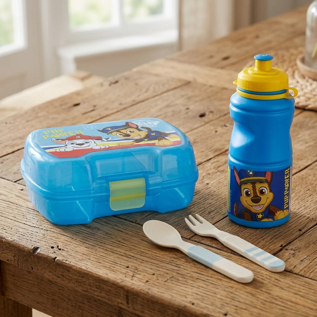 Combo Lunch Paw Patrol y Cubiertos Infantiles Bamboo Celeste (3 Piezas)