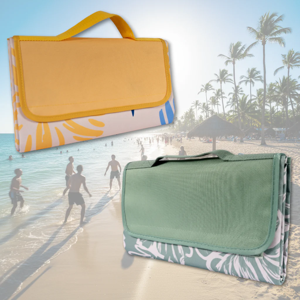 Combo Manta de Picnic o Playa Impermeable Amarilla Flores y Verde Flores