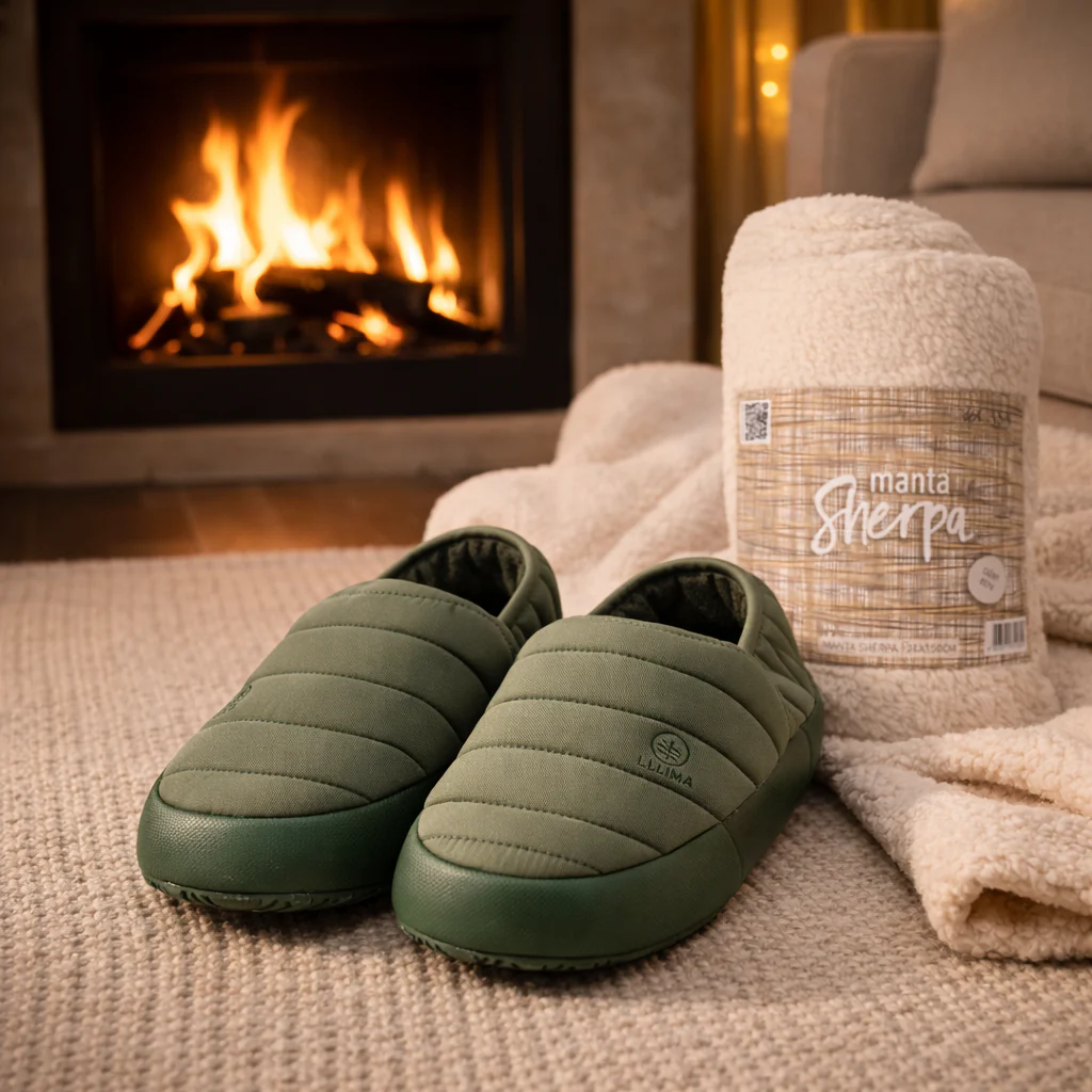 Combo Manta Sherpa Ecru + Pantufla Oliva Llaima
