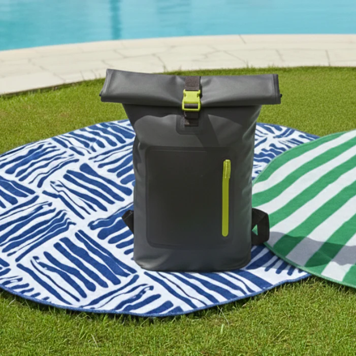 Combo Mochila Cooler 15Lt Gris + 1 Toalla de Playa Redonda 1.5m. Colores surtidos.
