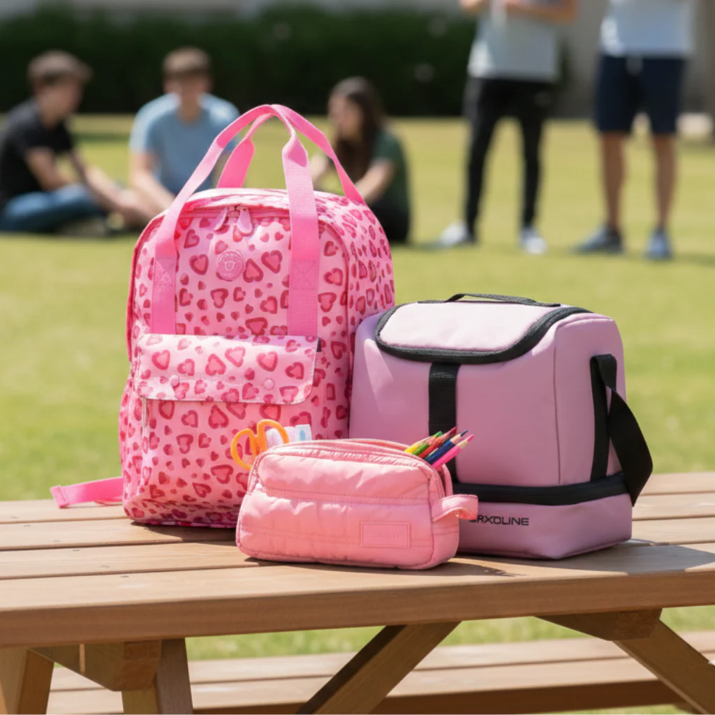 Combo Saxoline 3x: Mochila Cosmos Rosados + Estuche Ayla Rosado + Lonchera Longboard Rosa Viejo