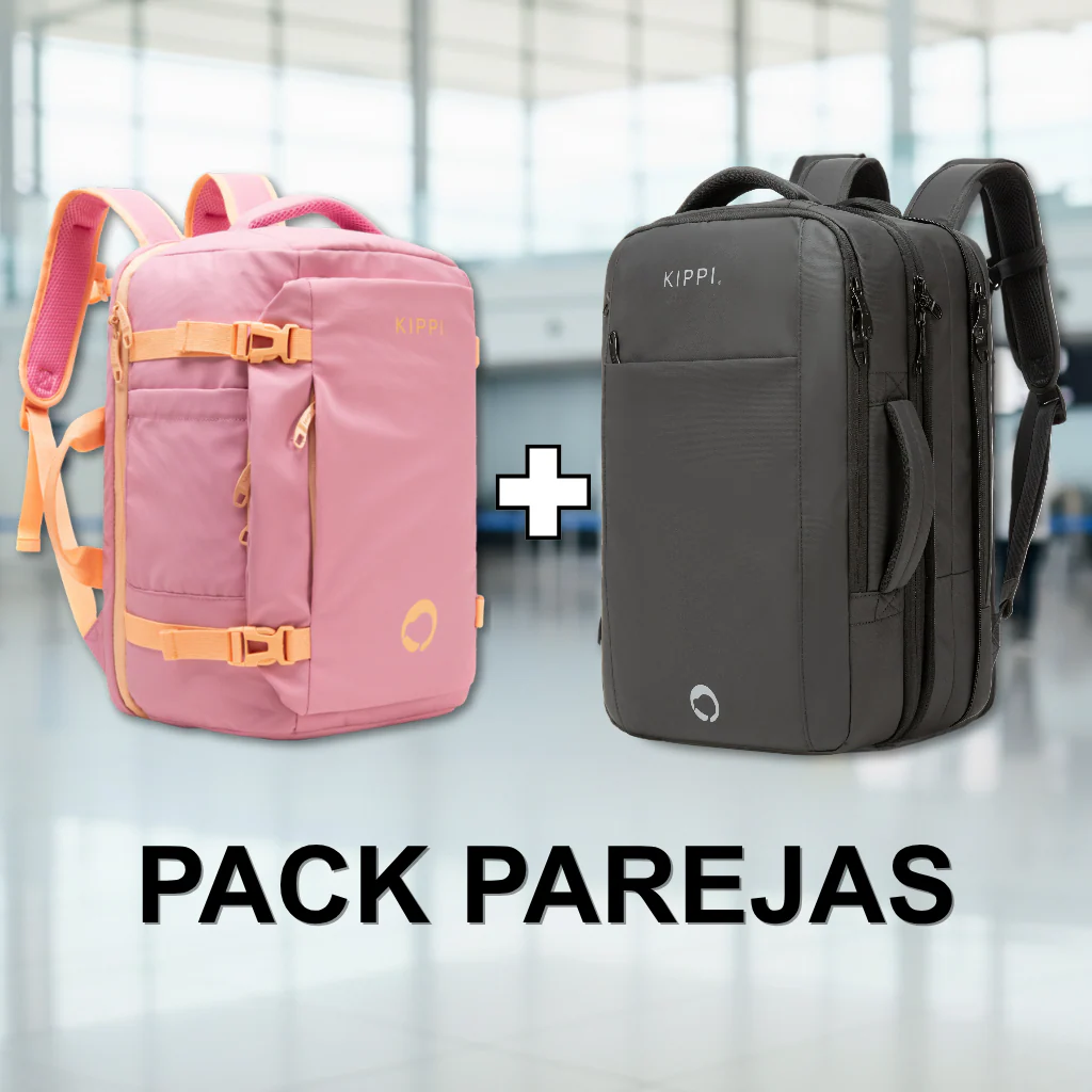 Combo 2 Mochila de Viaje Viral Kippi. 1 Mochila Resistente al Agua. 45 L Kippi Negro + Mochila de Viaje Viral Cabina 45L. Kippi Rosada. Resistente al Agua