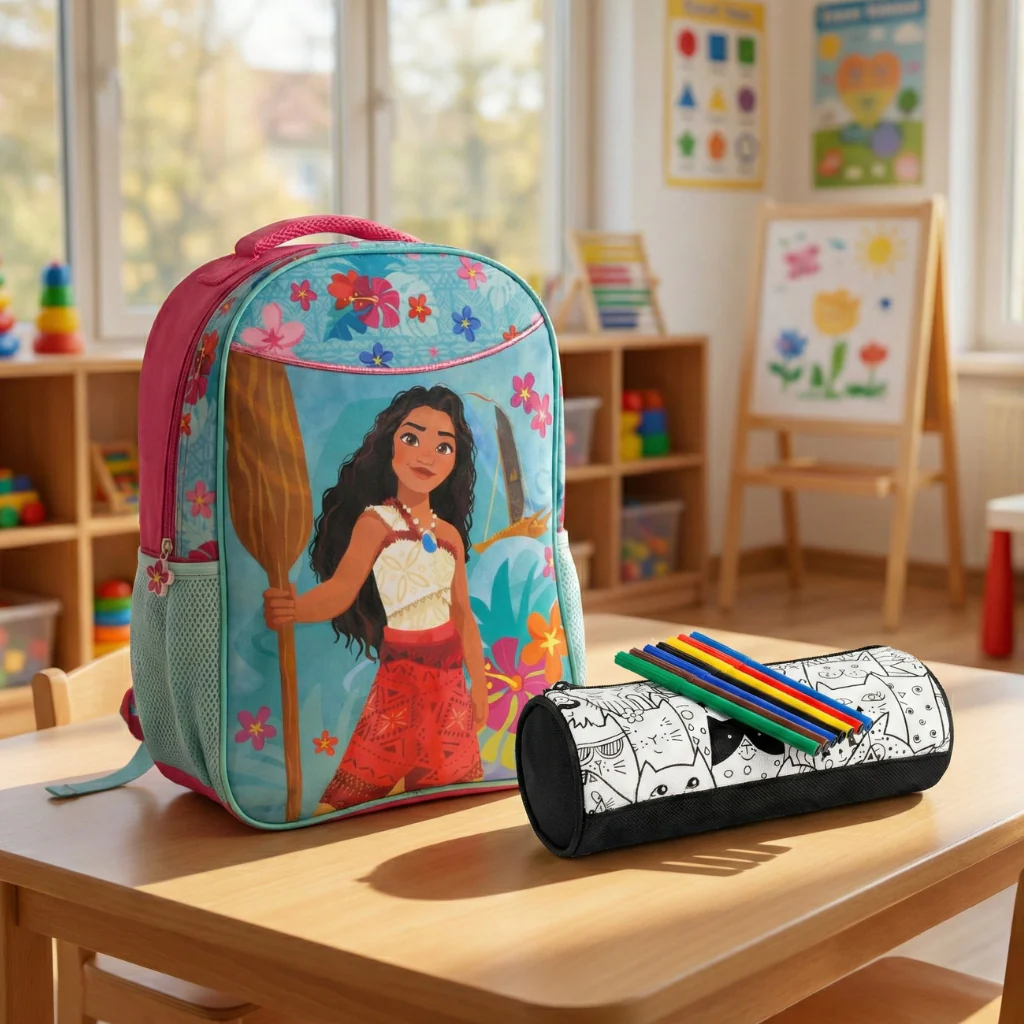 Combo Mochila Infantil  Moana + Estuche Negro de Tela Para Colorear