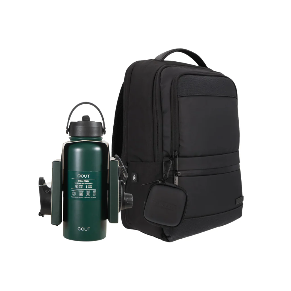 Combo Mochila Laptop Airpack Negra 23L+ Botella 950 Ml Gout - 3 Tapas Color Verde