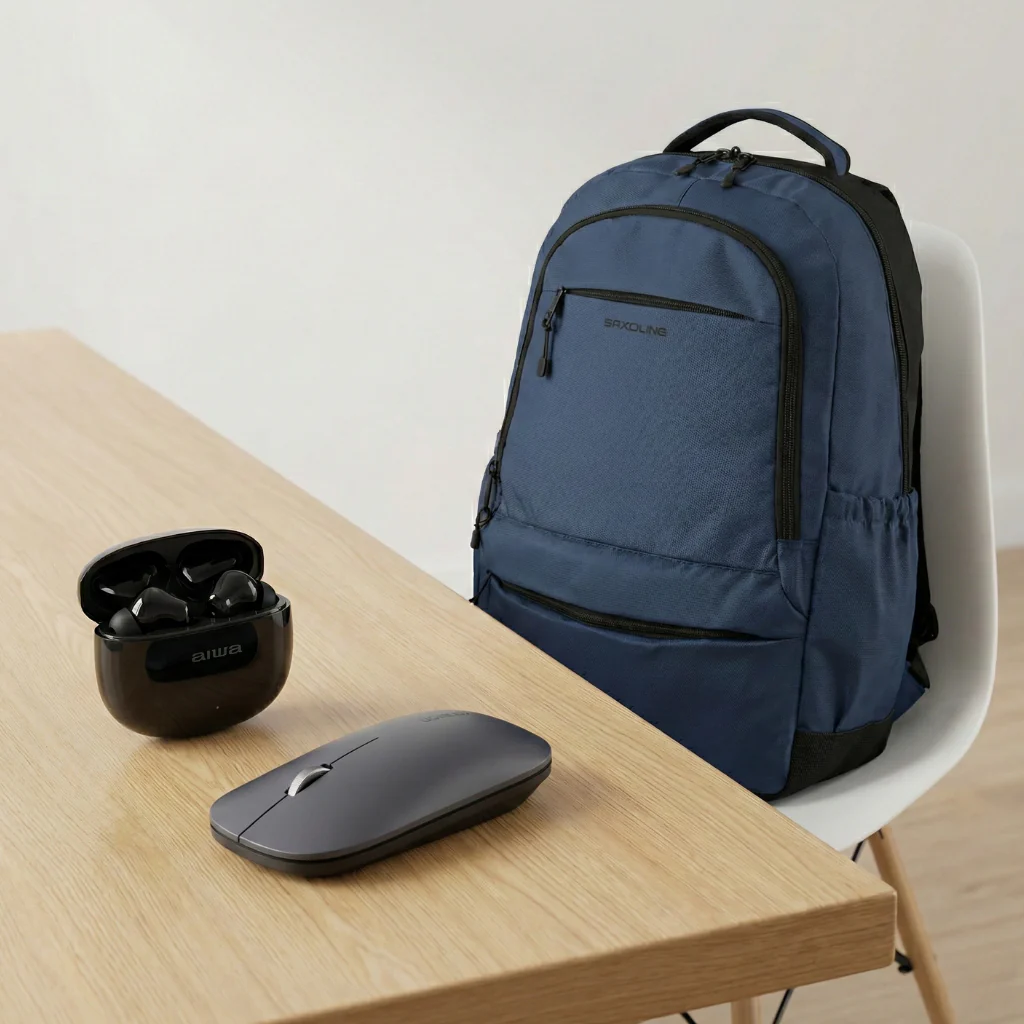 Combo Mochila Saxoline Cardiff Azul 30Lts + Mouse Inalambrico + Audífonos Bluetooth