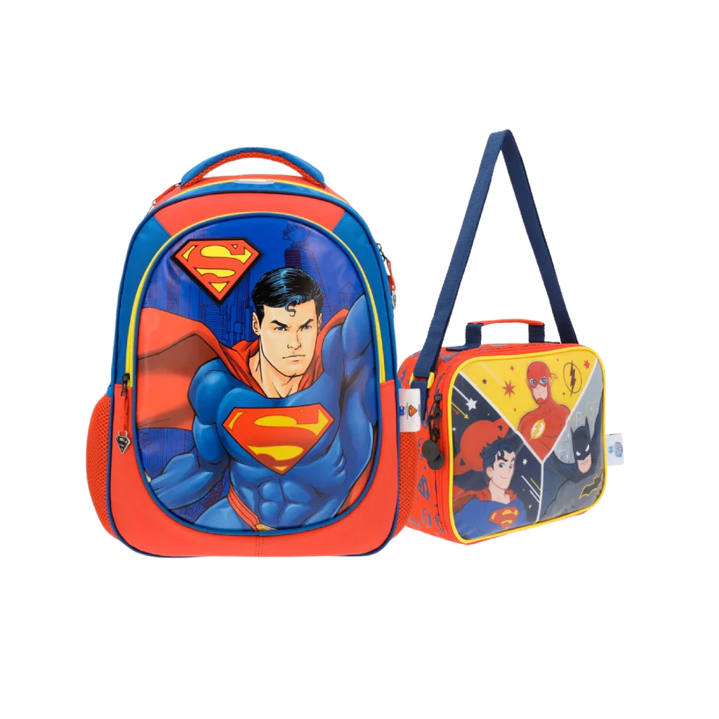Combo 23% OFF: Mochila Superman Con Capa Roja + Lonchera DC Liga De La Justicia Amarilla