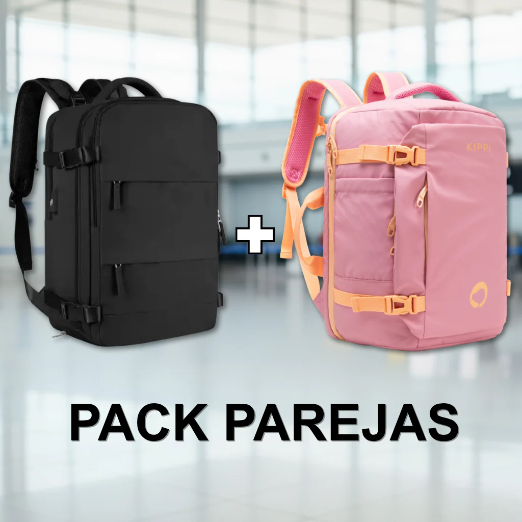 Combo 2 Mochila Viaje (Cabina Avión): 1 Mochila 40L Negro + Mochila de Viaje Viral Cabina 45L. Kippi Rosada. Resistente al Agua
