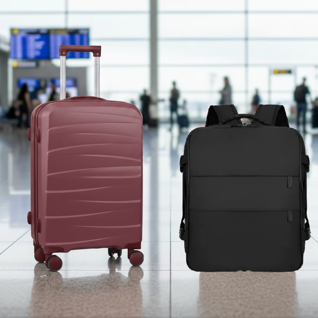 Combo Mochila Viaje Viral Cabina Avión 40L Black  y Maleta de Cabina Pink oscuro. Pack Travel