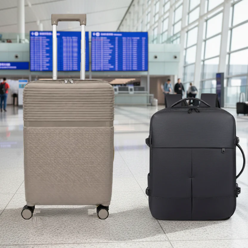 Combo Mochila Viaje Viral Cabina Avión 36L Black y Maleta de Cabina Khaki. Pack Travel
