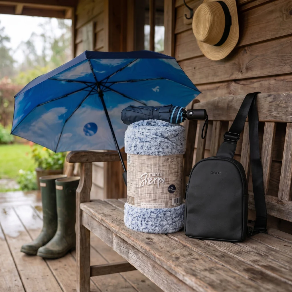 Combo Paraguas Retráctil Azul + Manta Sherpa Gris Jaspeado + Bandolera Crossbag Negra
