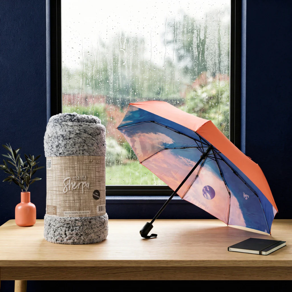 Combo Paraguas Retráctil Naranja + Manta Sherpa Gris Jaspeado