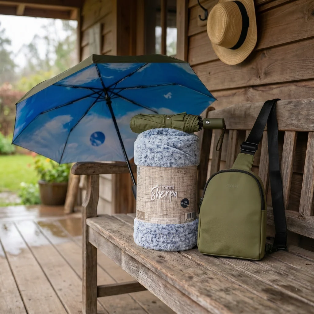 Combo Paraguas Retráctil Verde Oliva + Manta Sherpa Azul Jaspeado + Bandolera Crossbag Dark Green