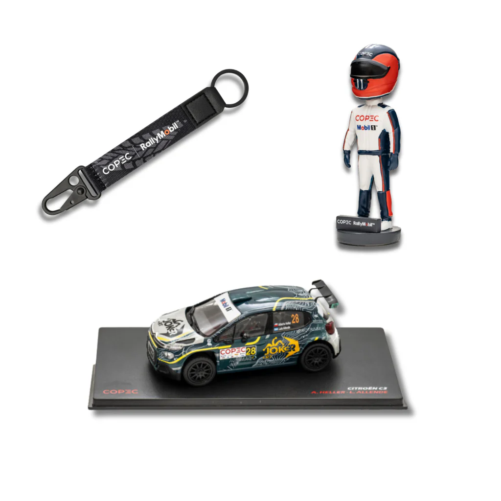 Combo: Piloto A Escala Copec Rallymobil 2025 + Auto Escala 1:43 Alberto Heller + Llavero Mosquetón Copec Rally 2025
