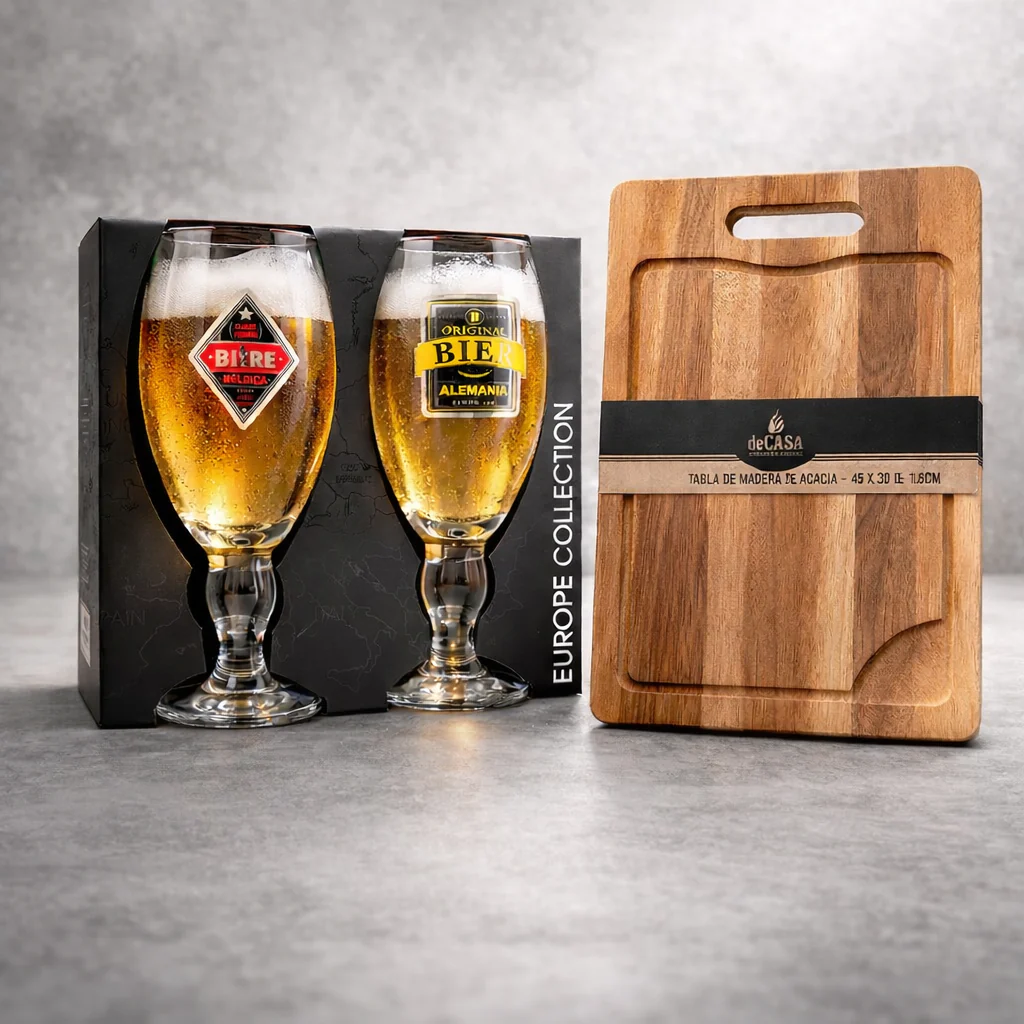 Combo Set 2 Copones Cerveceros Glasso 500 ml + Tabla de Madera Acacia 45cm x 30cm.