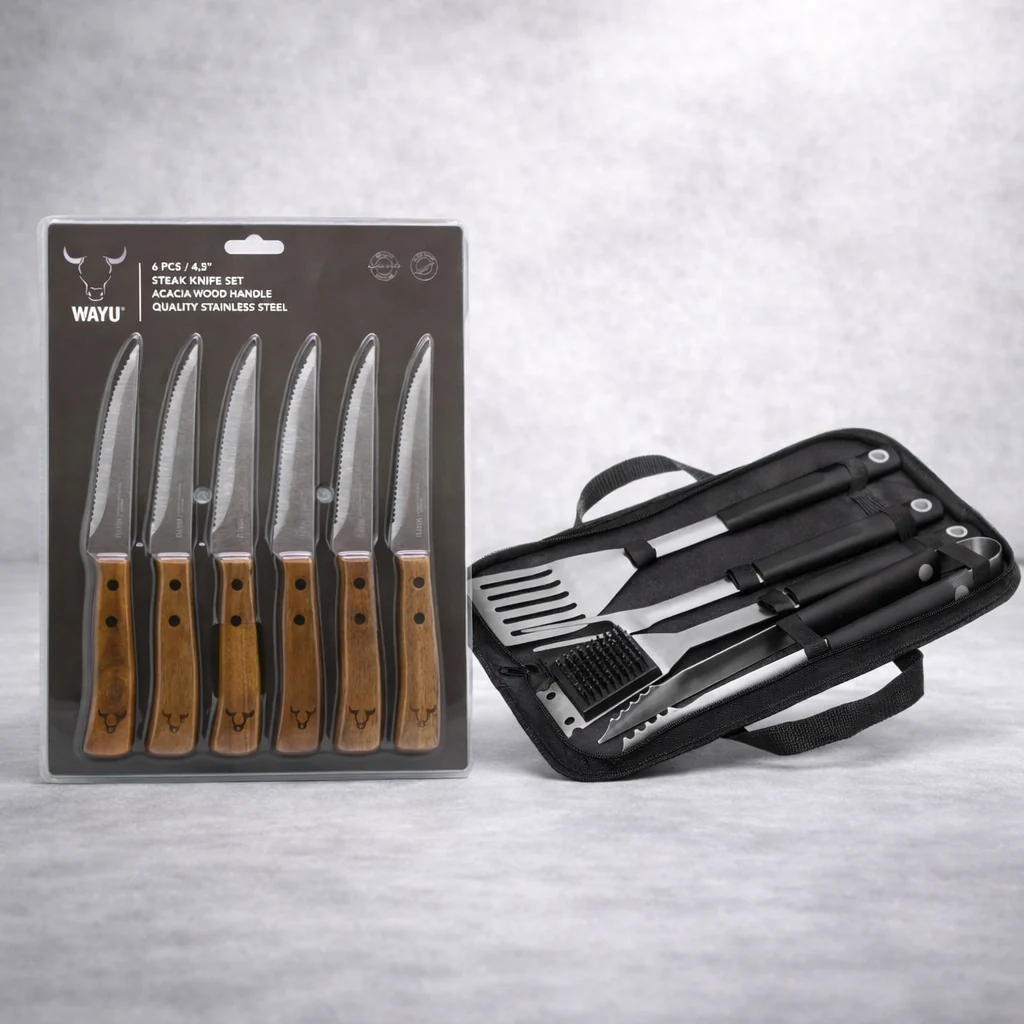 Combo Set Cuchillos Prm 6 Pcs Wayu + Pack Parrillero 5 Piezas Neka