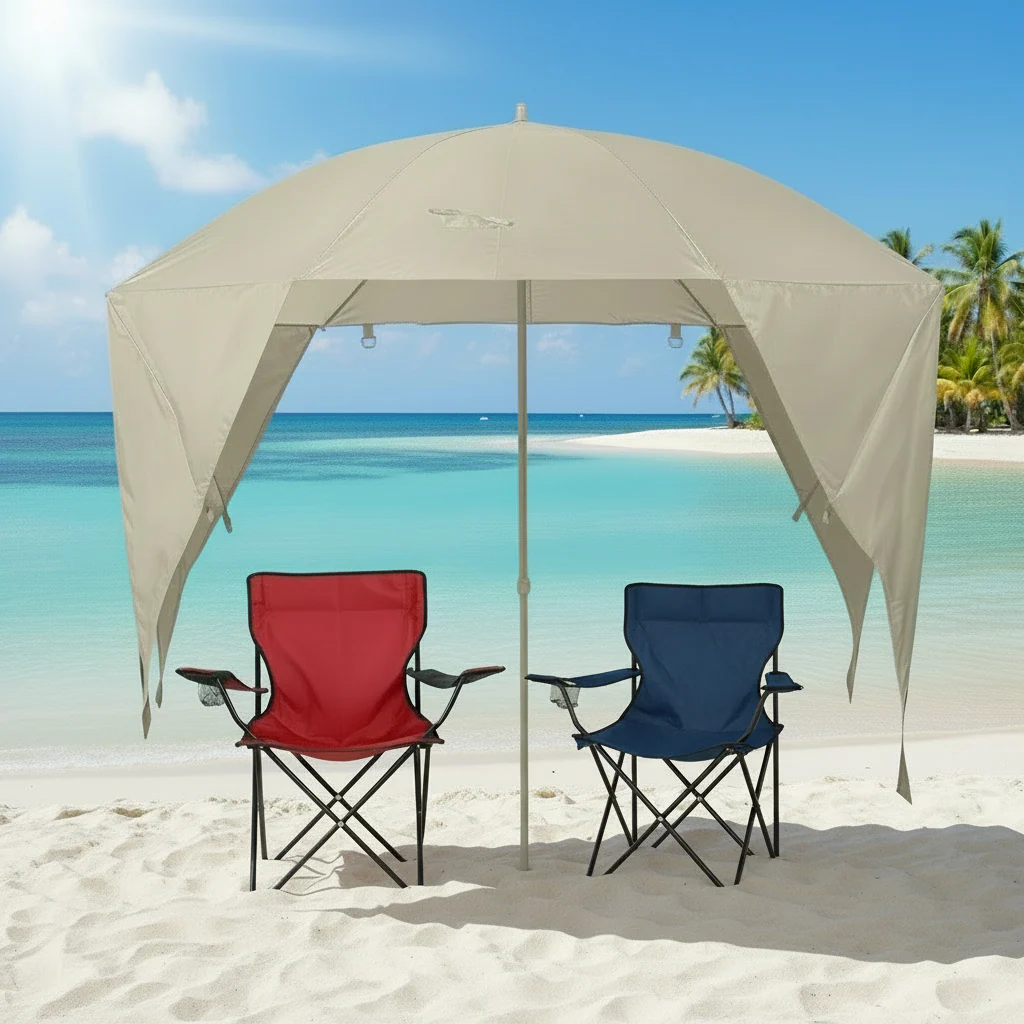 Combo Playero Full Grey-Red-Blue: Quitasol Gris + 1 Silla Roja + 1 Silla Azul Oscuro