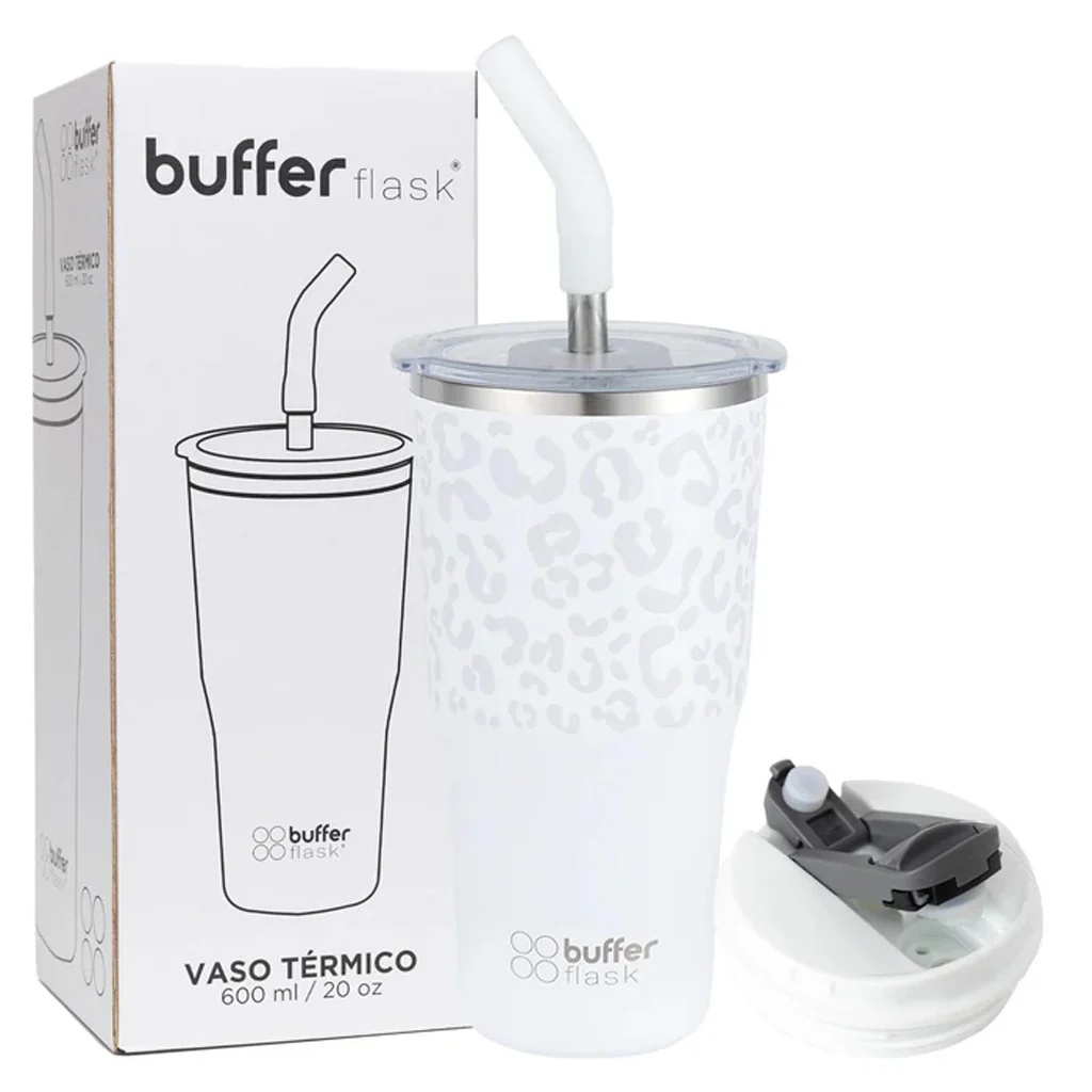 Mug Vaso Térmico Buffer Roques 600 ml +Tapas Ice Leopardo