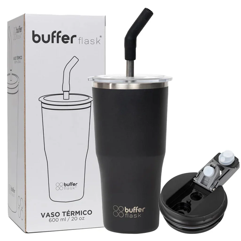 Mug Vaso Térmico Buffer Roques 600 ml +Tapas Negro