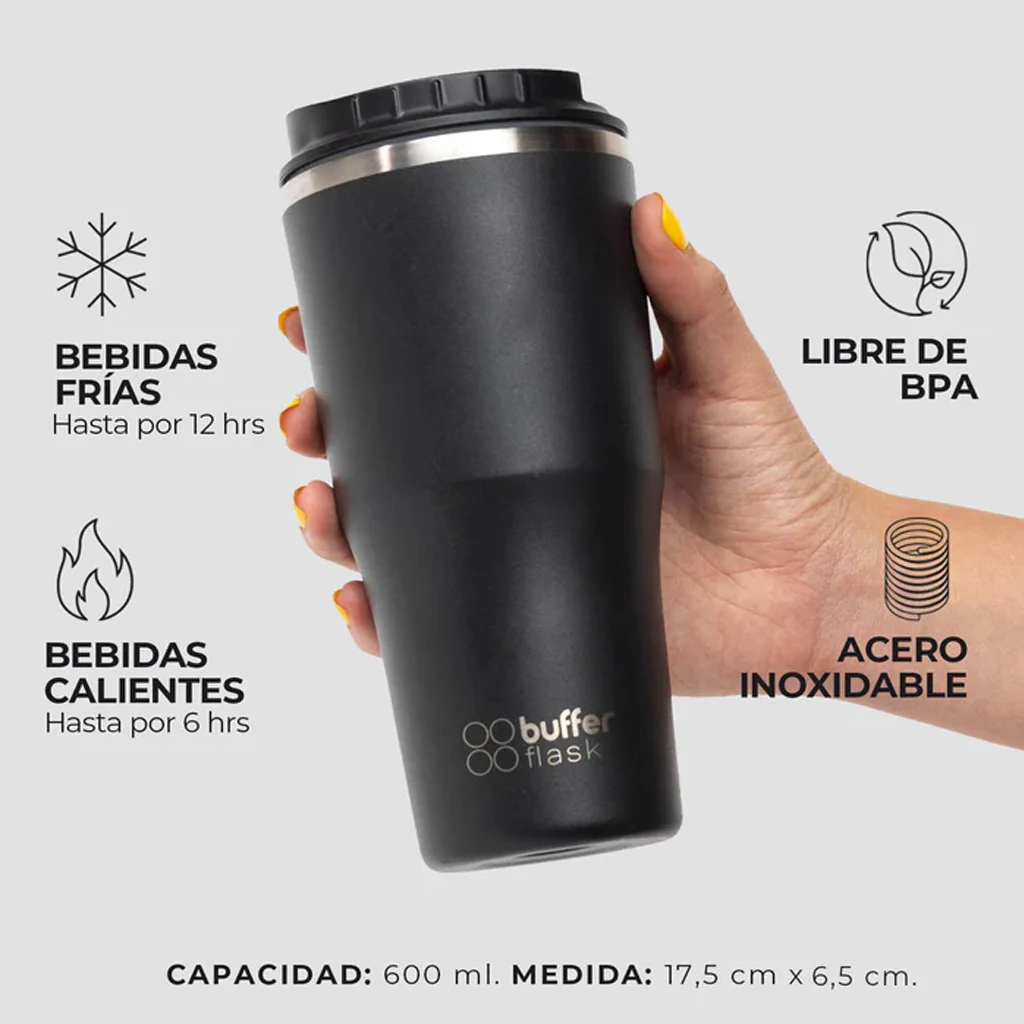 Mug Vaso Térmico Buffer Roques 600 ml +Tapas Negro - Image 2