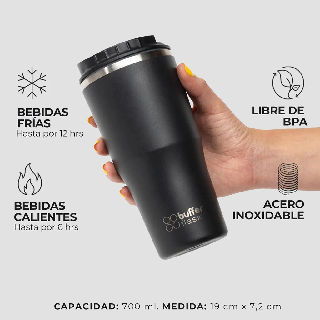 Mug Vaso Térmico Buffer Roques 700 ml +Tapas Negro - Image 2