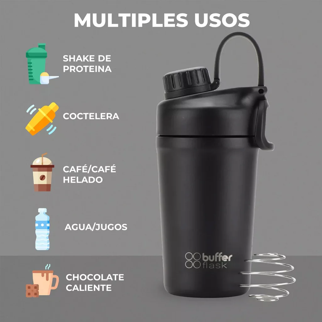 Shaker Proteina Buffer Acero Inoxidable 600ml Negro