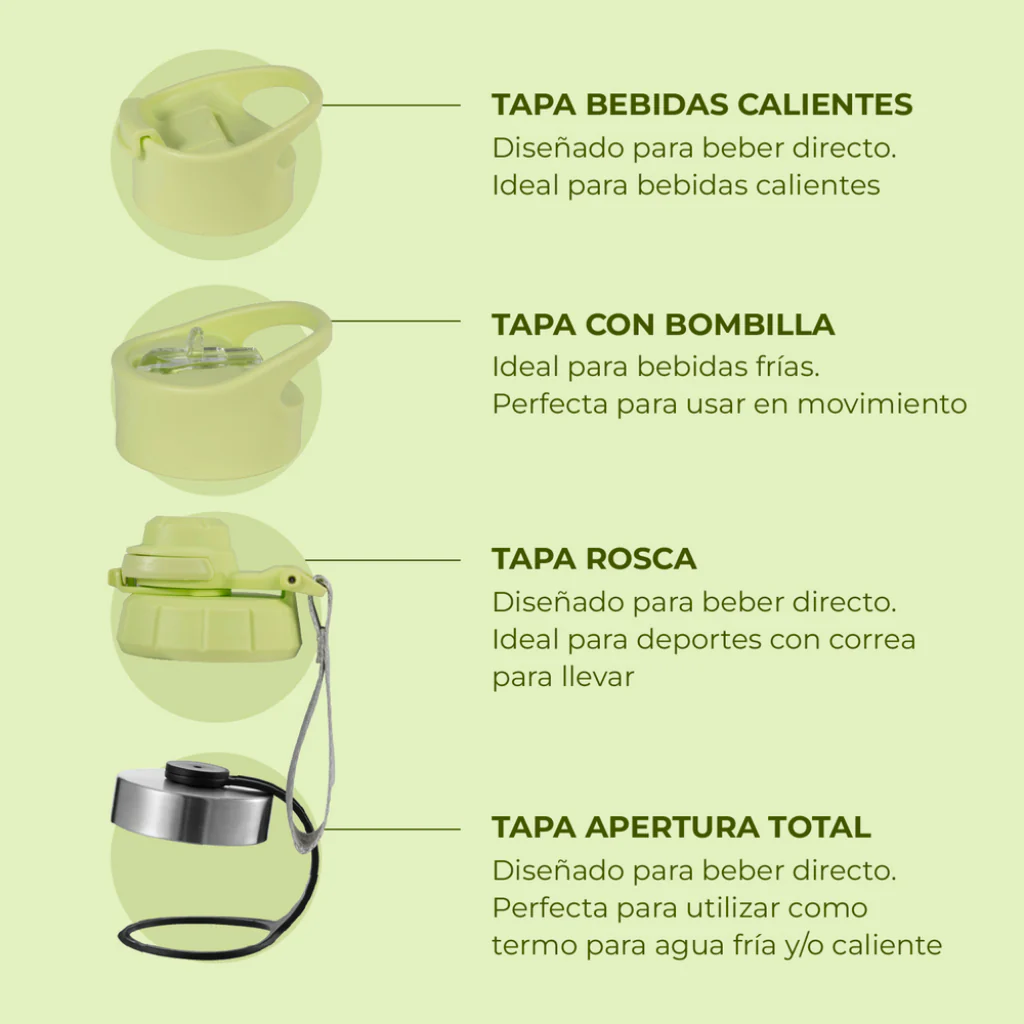 Termo Botella Agua 1L Termica Buffer Morea Acero Inoxidable +4 Tapas Citrus Green - Image 3