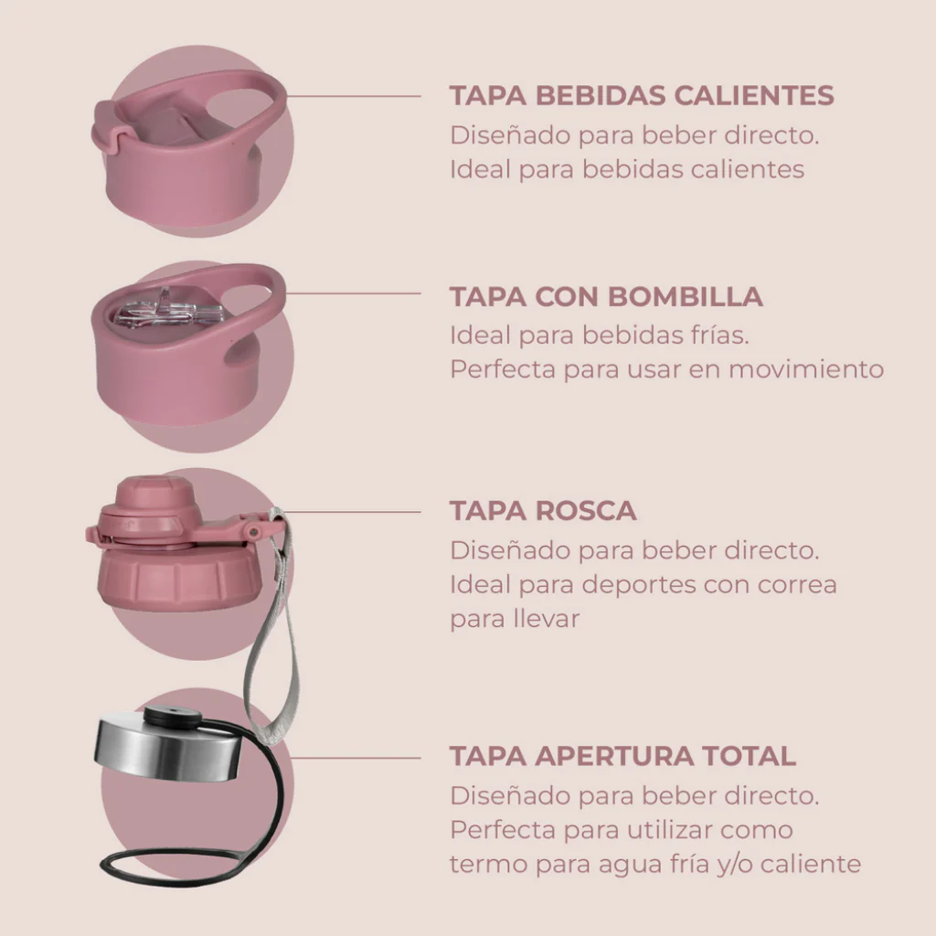 Termo Botella Agua Termica Buffer Morea Acero Inoxidable +4 Tapas, Pinky - Image 3