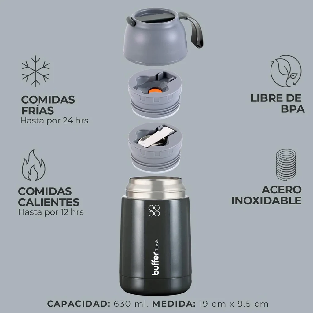 Termo Comida y Liquido Buffer 630ml + Bolso y Cuchara Gris - Image 2